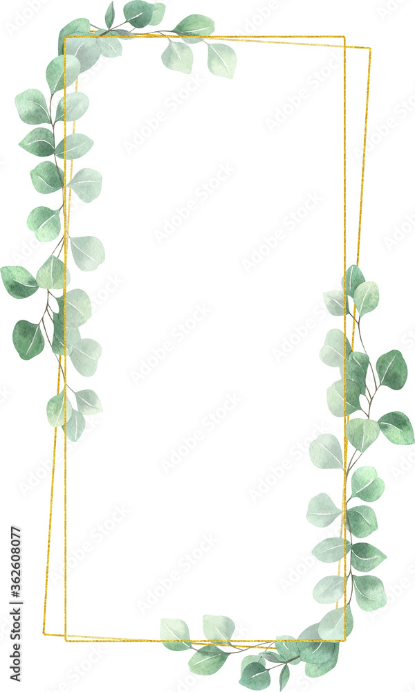 Watercolor eucalyptus gold frame on white background. Beautiful