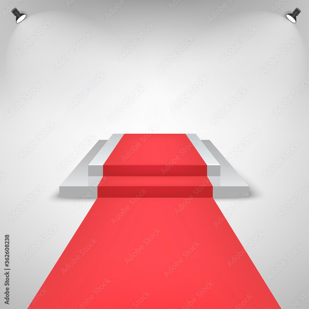 Obraz premium Red carpet on a Stage Podium For Award with lights effect. White Stage with stairs. Pedestal for winners. Vector