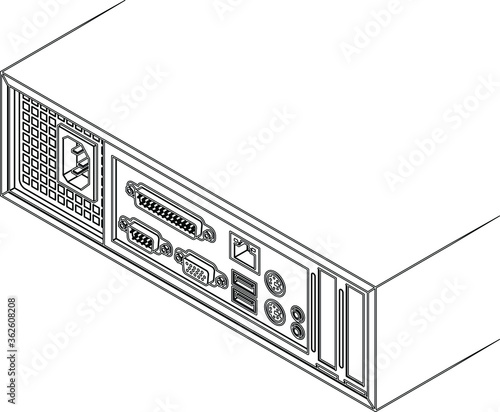 Back of a small form factor SFF desktop PC showing a variety of connector ports. USB, ethernet, sound in, headphones, PS/2 keyboard, PS/2 mouse, parallel, serial, VGA, and two low profile slots.