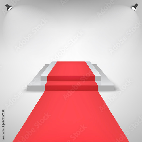 Red carpet on a Stage Podium For Award with lights effect. White Stage with stairs. Pedestal for winners. Vector