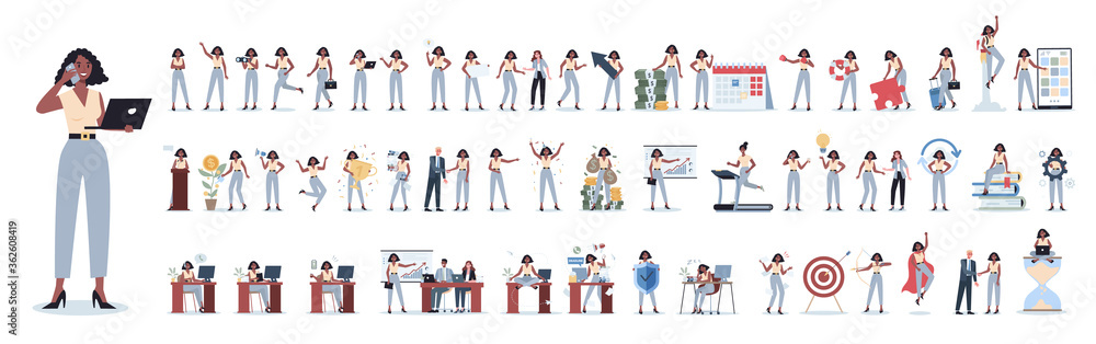 Set of business woman or office worker character with various poses