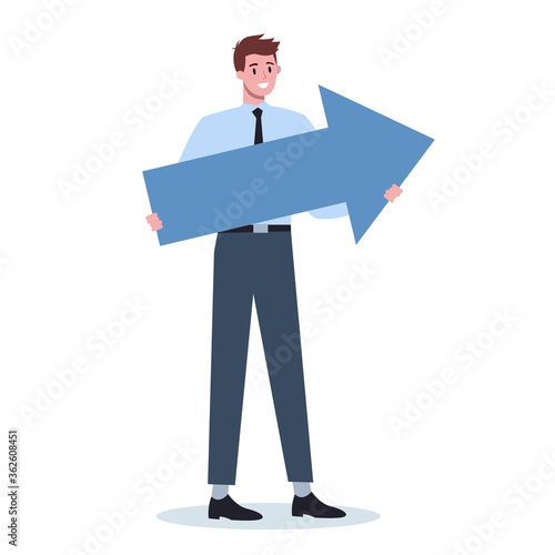 Business character pointing to something with big arrow. Male