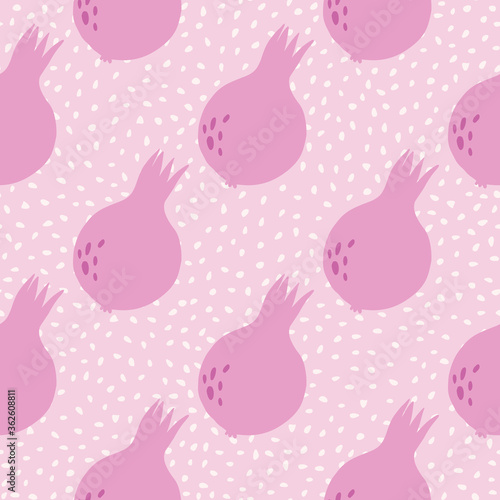Cute pink pomegranate fruit seamless pattern on dots background.