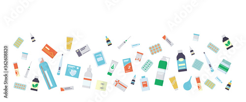 Flyer for the pharmacy with medications, drugs, pills and bottles. Isolated vector illustration in flat style on white background