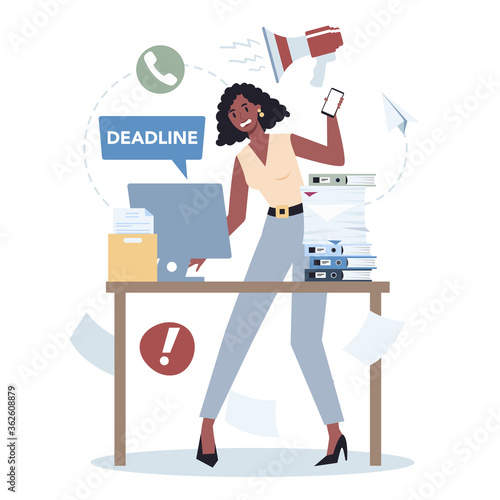 Office character with a lot of work set. Deadline and busy lifestyle