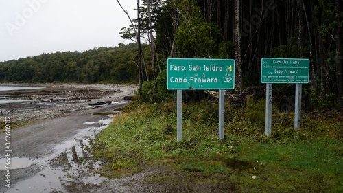 Misty ocean and tree landscape on a rainy day at Cape Froward on the Magellan Strait near Punta Arenas in Chile's Patagonia region. photo