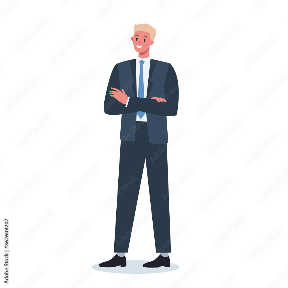 Business character with their arm crossed. Male worker staying Business character with their arm crossed. Male worker staying