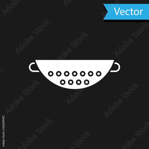 White Kitchen colander icon isolated on black background. Cooking utensil. Cutlery sign. Vector Illustration.