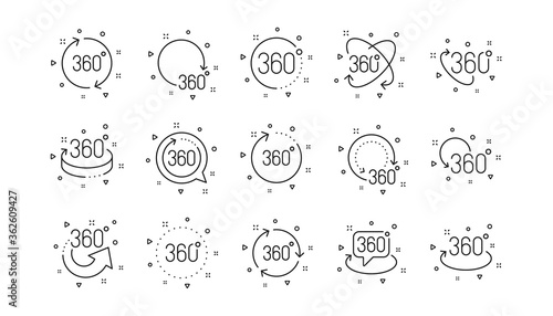Rotate arrow, VR panoramic simulation and augmented reality. 360 degrees line icons. 360 degrees virtual gaming, abstract geometry, full rotation view icons. Linear set. Geometric elements. Vector