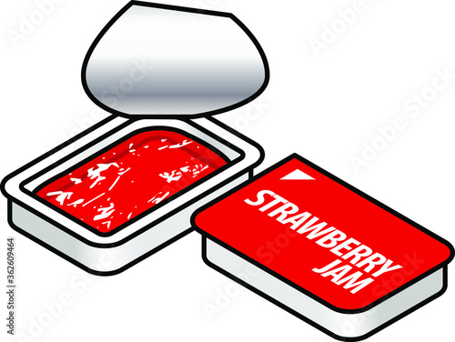 A small plastic pack of strawberry jam.