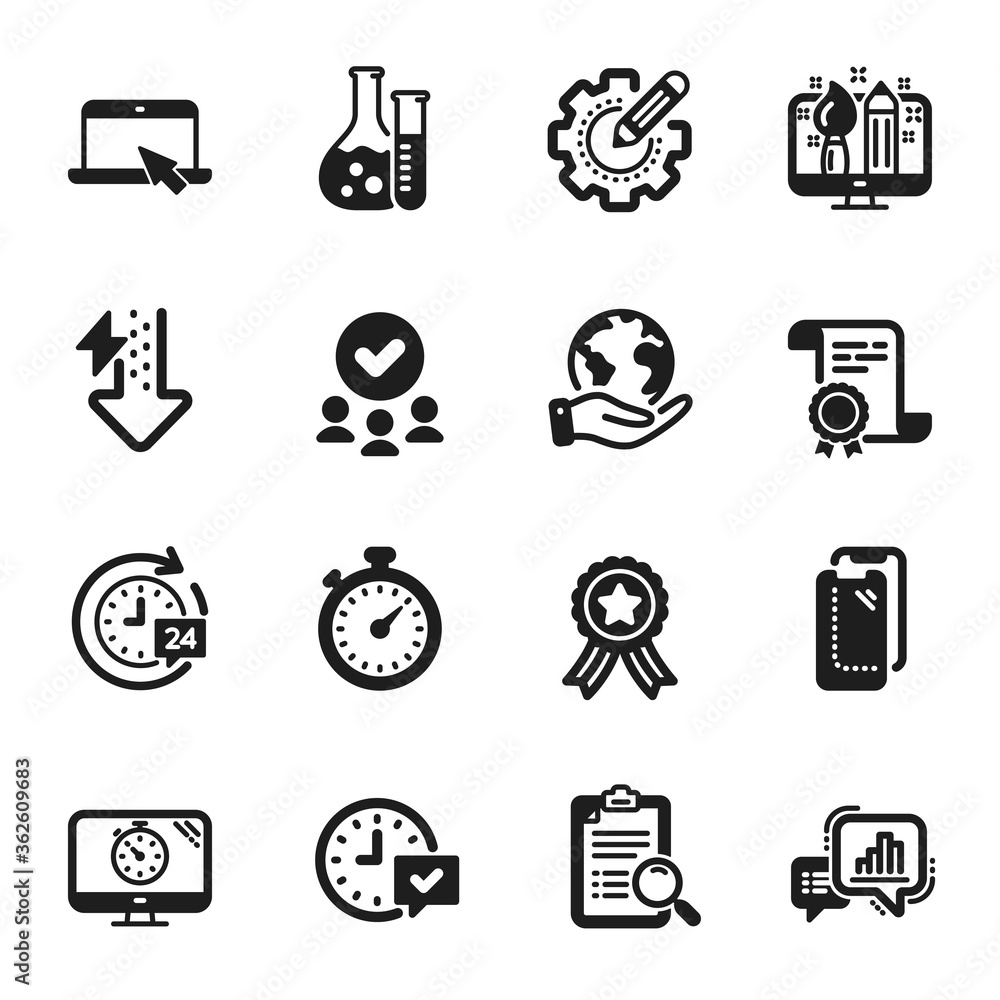 Set of Technology icons, such as Timer, 24h delivery. Certificate, approved group, save planet. Search analysis, Chemistry lab, Creative design. Smartphone glass, Select alarm, Seo timer. Vector Set of Technology icons, such as Timer, 24h delivery. Certificate, approved group, save planet. Search analysis, Chemistry lab, Creative design. Smartphone glass, Select alarm, Seo timer. Vector