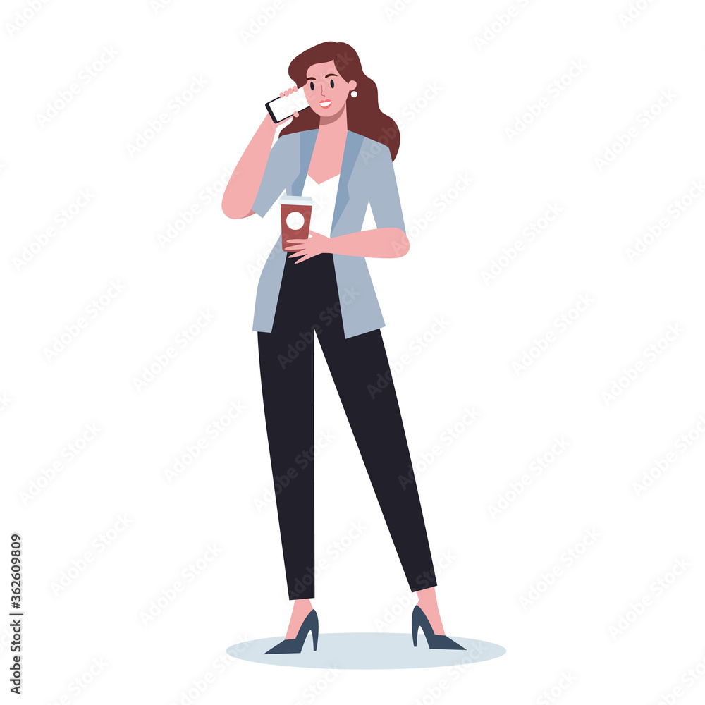 Business woman with mobile phone. Female character in suit character Business woman with mobile phone. Female character in suit character