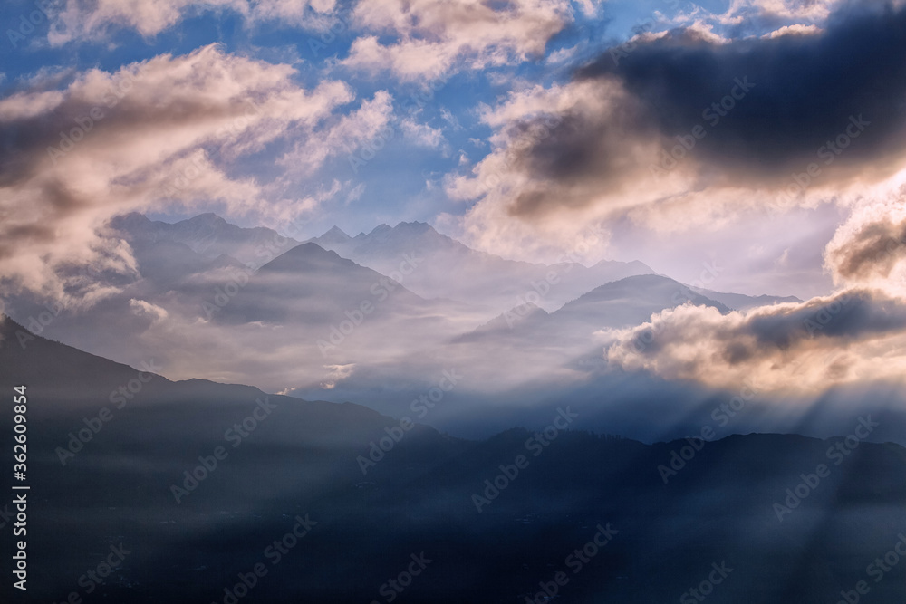 View of beautiful Panchchuli peaks of the Great Himalayas as seen from Munsiyari, Uttarakhand, India.