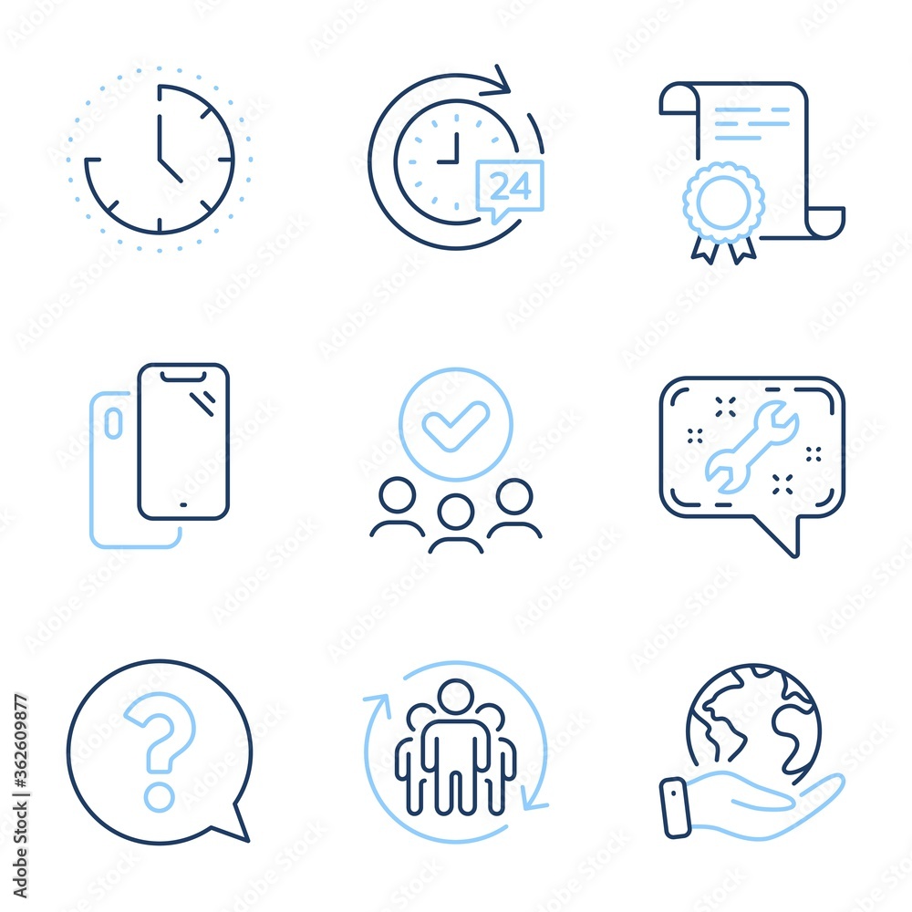Question mark, 24h delivery and Teamwork line icons set. Diploma certificate, save planet, group of people. Smartphone, Spanner and Time signs. Help support, Stopwatch, Employees change. Phone. Vector Question mark, 24h delivery and Teamwork line icons set. Diploma certificate, save planet, group of people. Smartphone, Spanner and Time signs. Help support, Stopwatch, Employees change. Phone. Vector