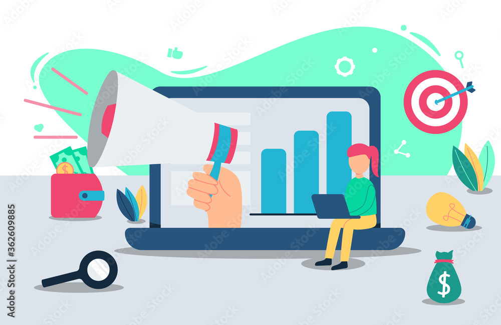 promotion illustration in flat design with hand holding megaphone out from laptop - broadcast concept cartoon