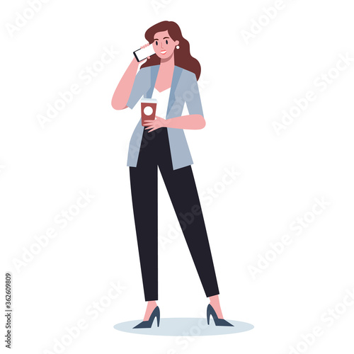 Business woman with mobile phone. Female character in suit character