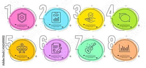 Line graph, Approved and Approved shield signs. Timeline steps infographic. Sharing economy, Report document and Guitar line icons set. Talk bubble, Copywriting symbols. Vector