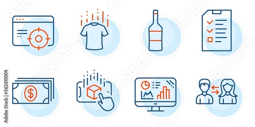 Analytics graph, Dry t-shirt and Banking signs. People communication, Augmented reality and Seo targeting line icons set. Interview, Wine symbols. People talking, Phone simulation. Vector