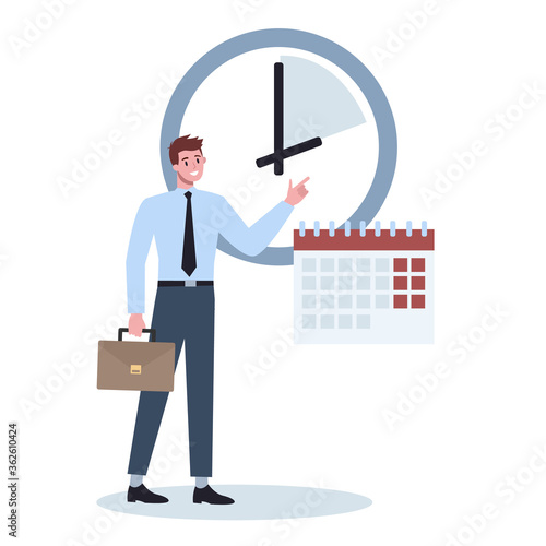 Business character with a clock. Work effectivity and planning.