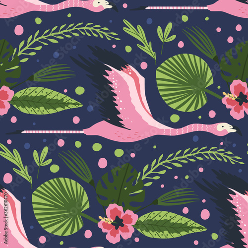 Flamingo bird vector seamless pattern. Cartoon tropical summer background with pink exotic jungle animal  tropic palm and flowers. Kid illustration.