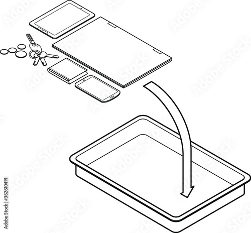 Airport security check: please place electronics, tablets, cameras, coins,keys,wallet, phones into the tray provided.