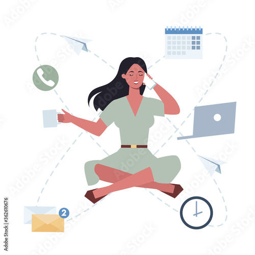 Business woman in lotus pose set. Employee meditate against stress.