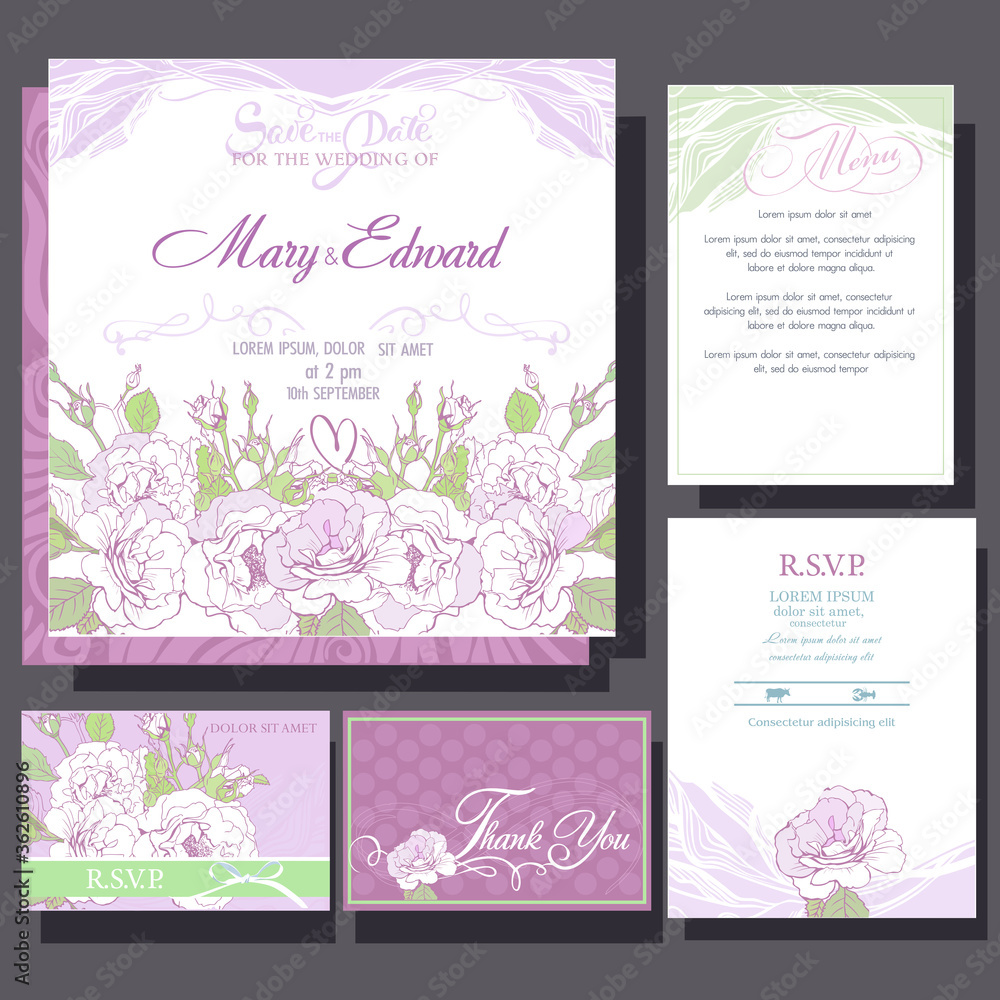invitations with white roses flowers. RSVP card, menu desing.