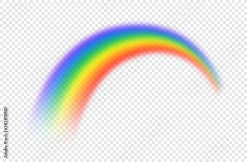 Rainbow icon. Iridescent arch isolated on transparent background. Colorful realistic rainbow. Color spectrum. Sky concept after rain. Spring and summer design. Fantasy light. Sun weather. Vector