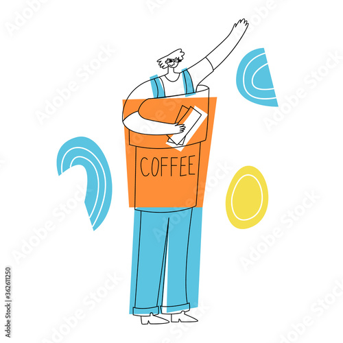 Vector flat illustration male promoter, animator, who is dressed in life size doll. It attracts customers and distributes leaflets.
