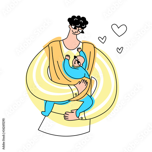 Vector flat illustration happy single father with baby in children carrier. Concept fatherhood, child care, and slings. Can be used in father s day cards, landing pages, etc.