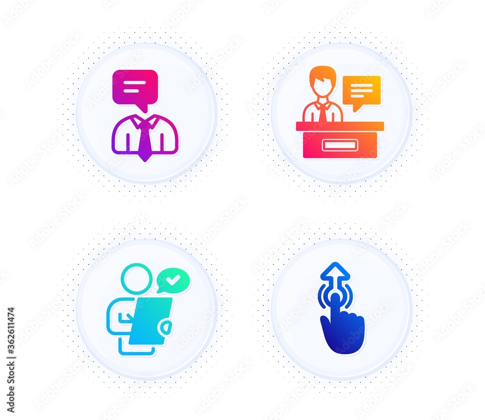Customer survey, Exhibitors and Support service icons simple set. Button with halftone dots. Swipe up sign. Contract, Information desk, Human talking. Touch technology. People set. Vector Customer survey, Exhibitors and Support service icons simple set. Button with halftone dots. Swipe up sign. Contract, Information desk, Human talking. Touch technology. People set. Vector