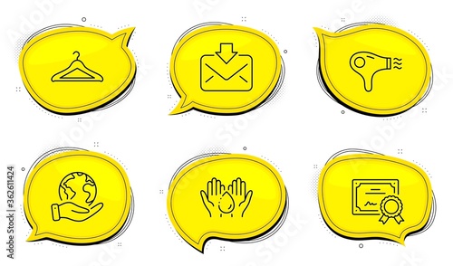Hair dryer sign. Diploma certificate, save planet chat bubbles. Cloakroom, Wash hands and Incoming mail line icons set. Hanger wardrobe, Skin care, Download message. Hairdryer. Vector