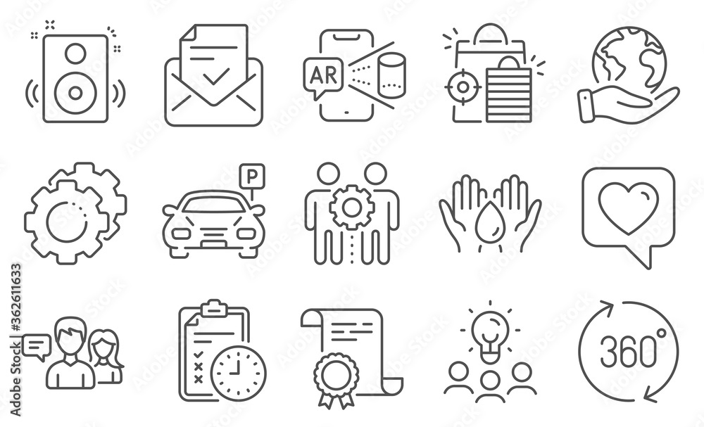 Set of Technology icons, such as Speakers, Safe water. Diploma, ideas, save planet. Augmented reality, Heart, Exam time. Parking, Approved mail, People talking. Vector