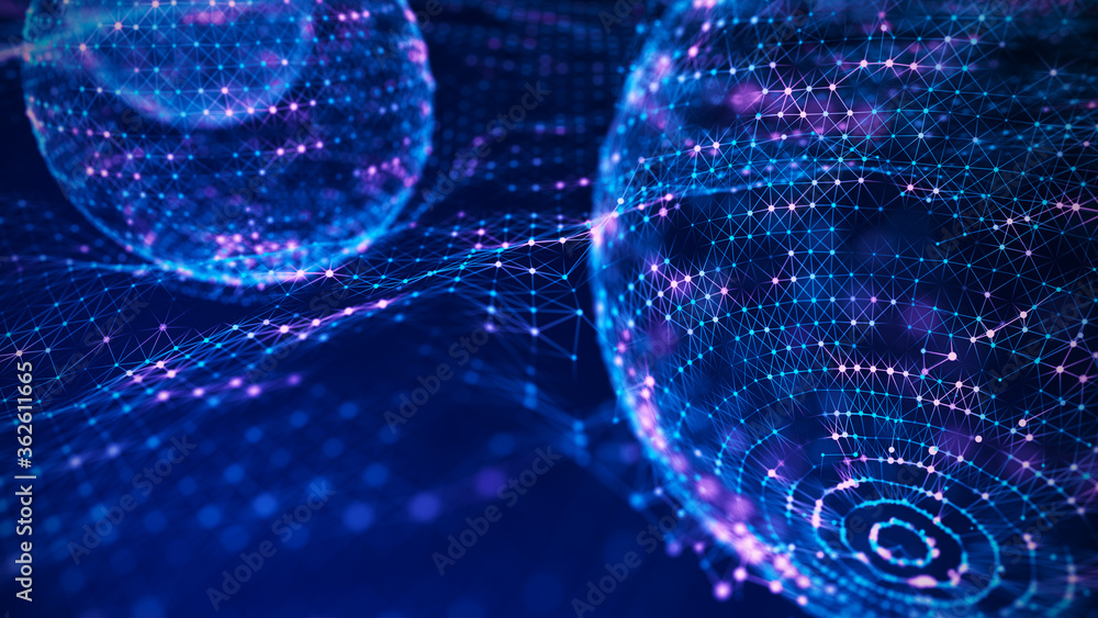 Abstract sphere of dots and lines connected to a dynamic wave. Atomic collision. 3d rendering Abstract sphere of dots and lines connected to a dynamic wave. Atomic collision. 3d rendering