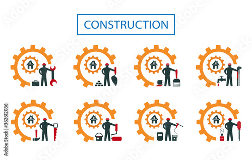  A set of vector illustrations of icons for repair, installation and maintenance of apartments and residential premises, finishing, painting, plumbing and other construction works
