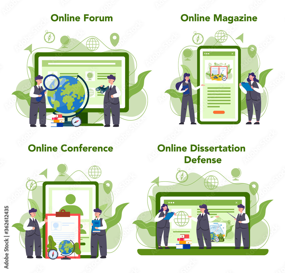 Geography online service or platform set. Studying the lands, features, Geography online service or platform set. Studying the lands, features,