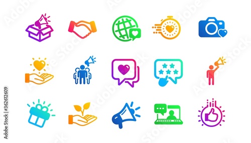 Influence people, Megaphone and Representative. Brand ambassador icons. Handshake, influencer marketing person, ambassador person icons. Classic set. Gradient patterns. Quality signs set. Vector