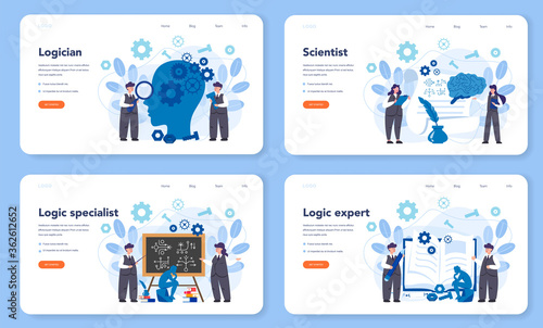 Logician web banner or landing page set. Scientist systematicly study