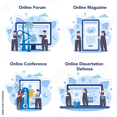 Meteorologist online service or platform set. Weather forecaster