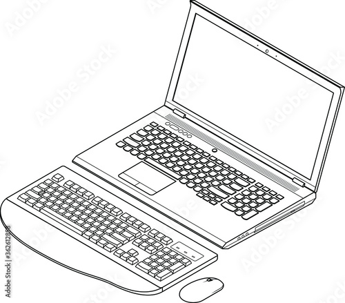 Line-art detailed isometric drawing of a large laptop computer. With an external wireless full size keyboard and mouse.
