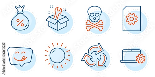 Chemical hazard, Spanner and Sunny weather signs. File management, Loan and Recycle line icons set. Yummy smile, Notebook service symbols. Doc with cogwheel, Money bag. Business set. Vector
