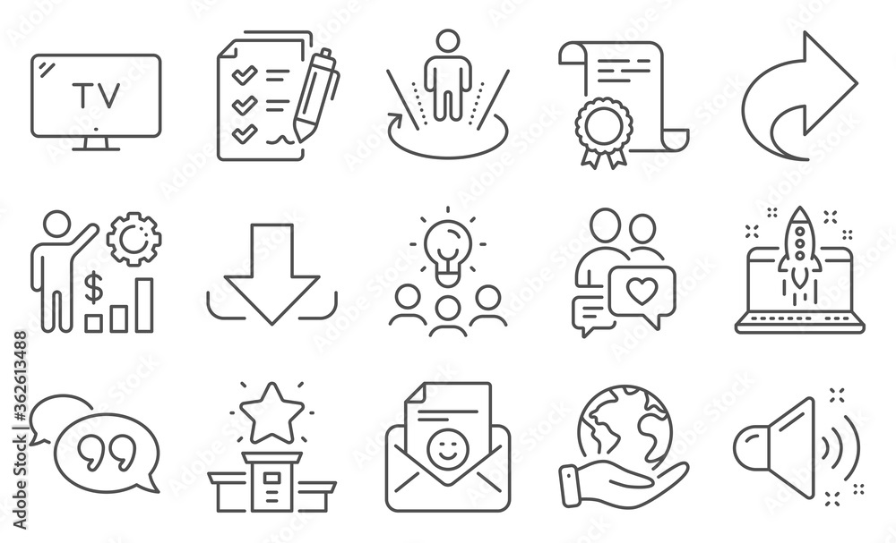 Set of Technology icons, such as Download, Quote bubble. Diploma, ideas, save planet. Augmented reality, Tv, Loud sound. Survey checklist, Share, Employees wealth. Vector Set of Technology icons, such as Download, Quote bubble. Diploma, ideas, save planet. Augmented reality, Tv, Loud sound. Survey checklist, Share, Employees wealth. Vector