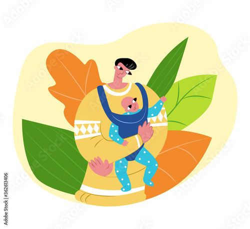 Vector flat illustration happy single father with baby in children carrier. Abstract plant background. Concept fatherhood, child care, and slings. Can be used in father s day cards, landing pages, etc