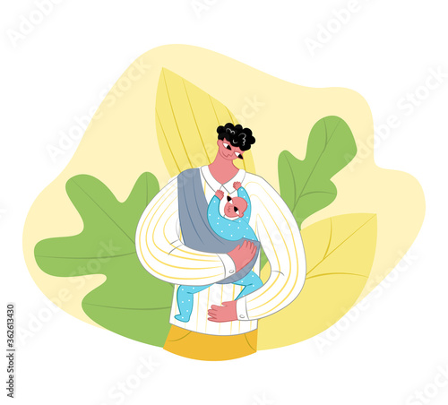 Vector flat illustration happy single father with baby in children carrier. Abstract plant background. Concept fatherhood, child care, and slings. Can be used in father s day cards, landing pages, etc