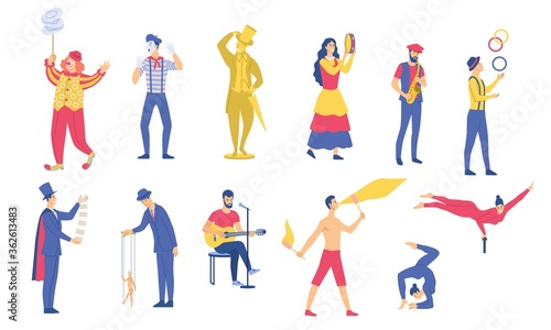 Set of vector illustrations of various street performances. Big festival of street culture and entertainment. Isolated characters of street acrobats, musicians and stuntmen.