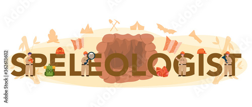 Speleologist typographic header concept. Scientst studying caves