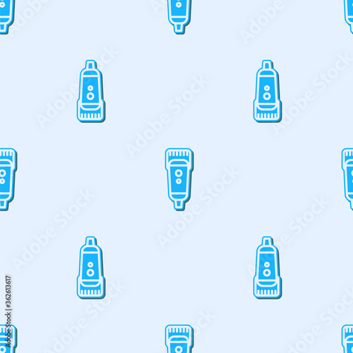 Blue line Electrical hair clipper or shaver icon isolated seamless pattern on grey background. Barbershop symbol. Vector Illustration.