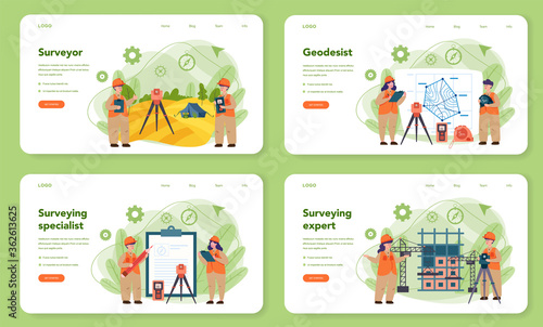 Geodesy science web banner or landing page set. Land surveying
