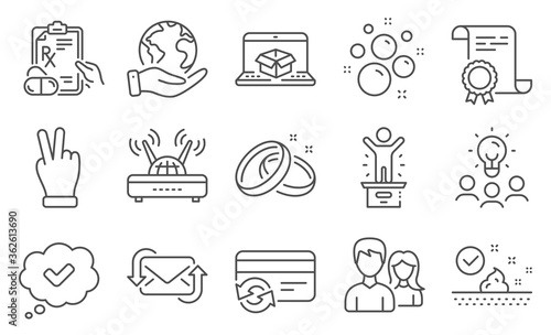 Set of Business icons, such as Winner podium, Wifi. Diploma, ideas, save planet. Prescription drugs, Change card, Wedding rings. Skin care, Refresh mail, Approved. Vector