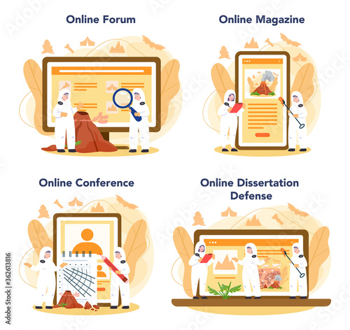 Volcanologist online service or platform set. Geologist studying